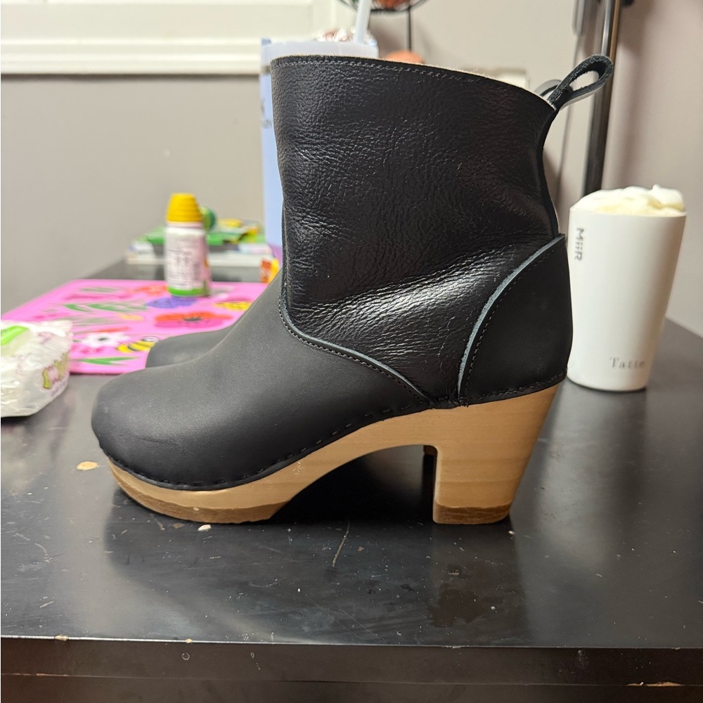 No. 6 5” shearling high heel clog in Black Aviator